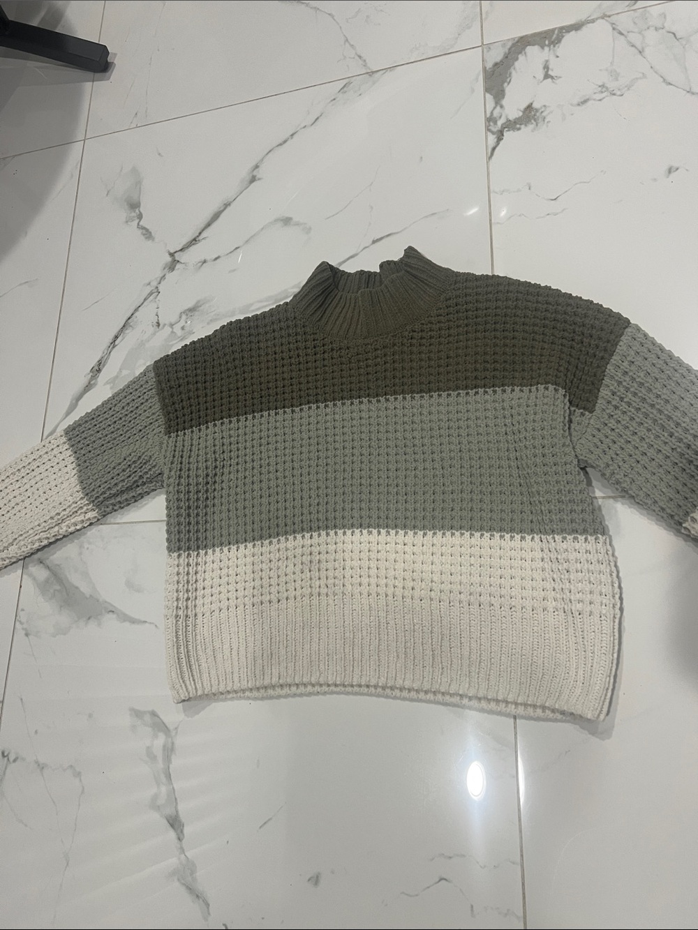 Pink Rose Olive, Gray & Cream Waffle Knit Mock Neck Sweater